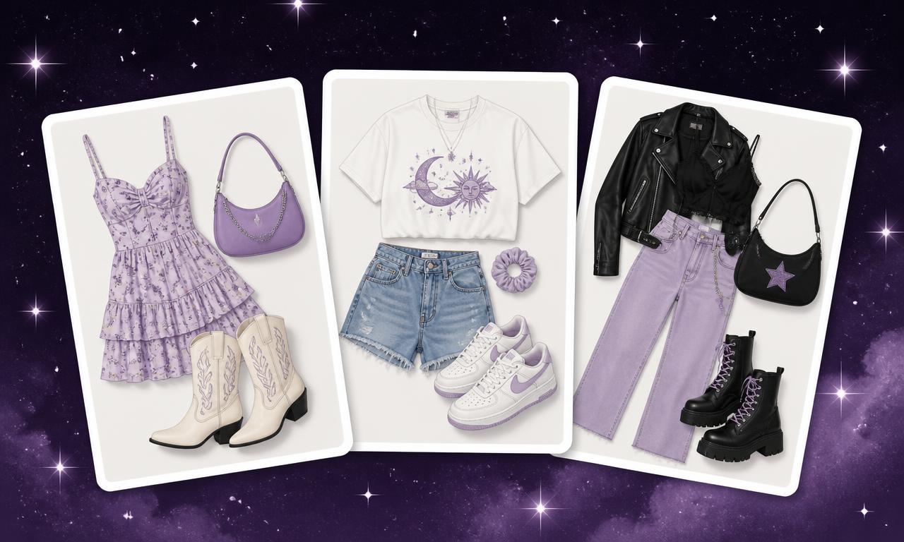 Três cartões com looks montados: vestido lilás com botas, camiseta com shorts jeans e jaqueta de couro com calça lilás